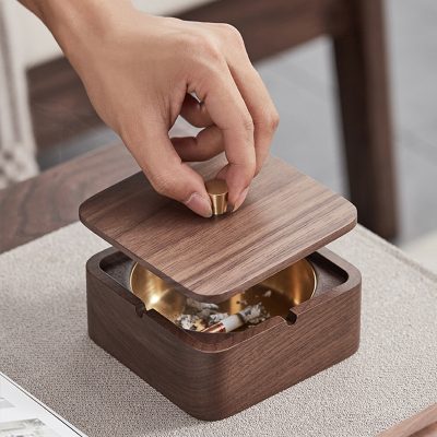 Wooden Cigar Ashtray with Odor-Concealing Lid Solid Walnut