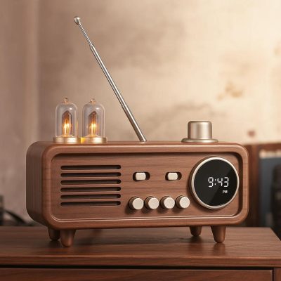 Retro Bluetooth Speaker with LED Clock Walnut Wood Casing