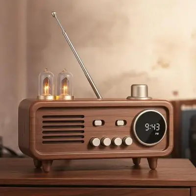 Retro Bluetooth Speaker with LED Clock Walnut Wood Casing