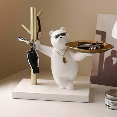 Resin Bear Tray with Branch Hooks Storage Organizer