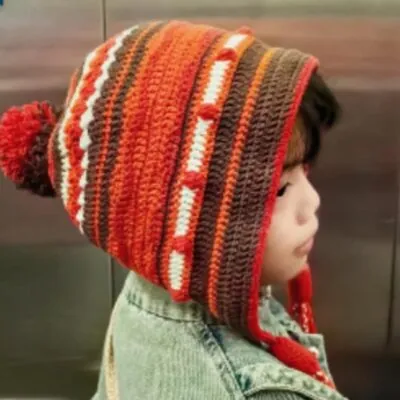 Brock Earflap Beanie Bobble Stripe Chunky Crochet Hat