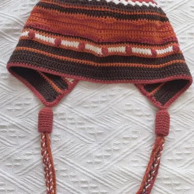 Retro Crochet Earflap Hat with Bobble Stitch Knit Beanie